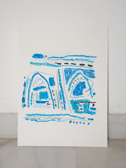 Abstract blue drawing on a white sheet of paper against a light gray background